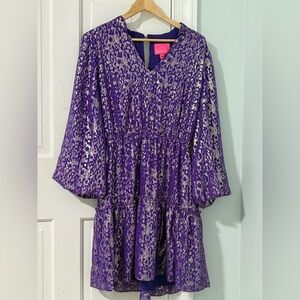 Lilly Pulitzer Joelle Silk Metallic Long Sleeve Tiered Dress Concord Purple Sz 8